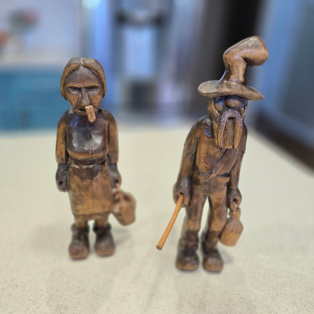 Vintage Hand Carved Wood Hillbilly Figurine Set Mountain Man Moonshine Woman 2pc